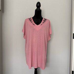 PerSeption Concept 2X Pink V Neck Lattice Cutout Top Plus Size Casual Tunic